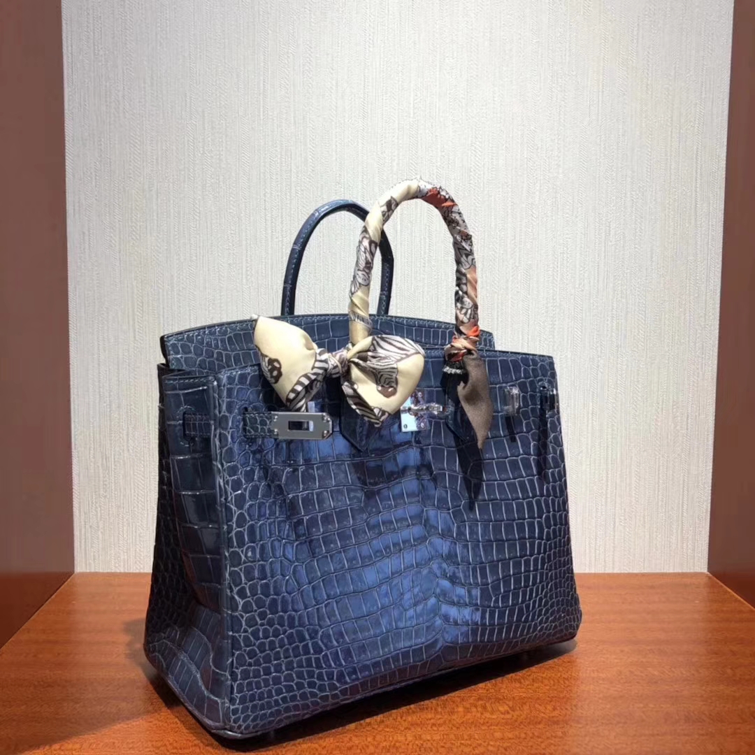 愛馬仕鱷魚皮鉑金包Hermes Birkin 25cm Bag 亮面兩點鱷魚皮 N7風暴藍