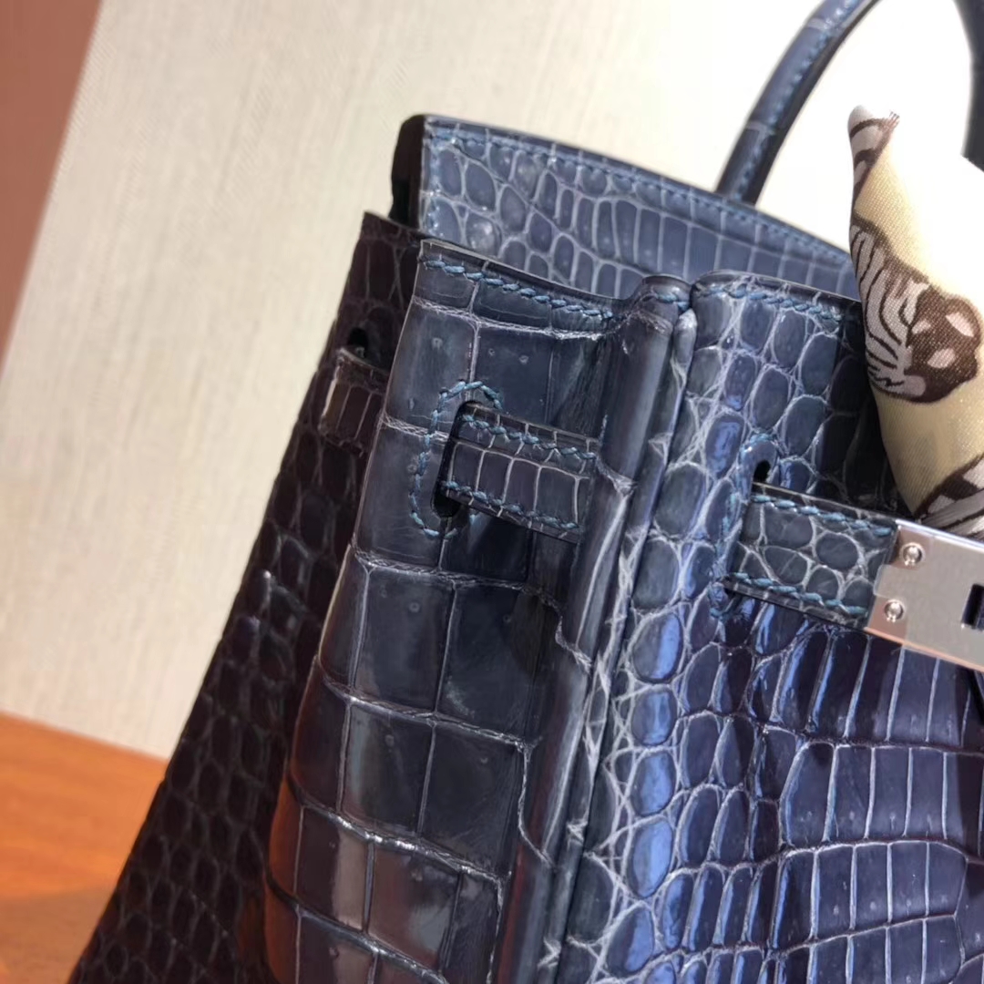 愛馬仕鱷魚皮鉑金包Hermes Birkin 25cm Bag 亮面兩點鱷魚皮 N7風暴藍