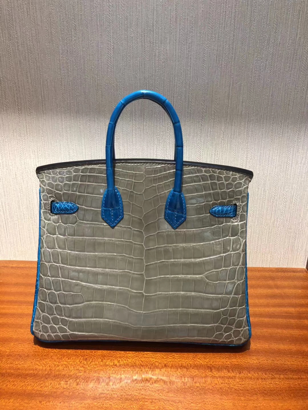 愛馬仕鱷魚皮 Hermes Birkin 25 Bag 亮面兩點鱷魚皮 CK81斑鳩灰/7W伊茲密爾藍