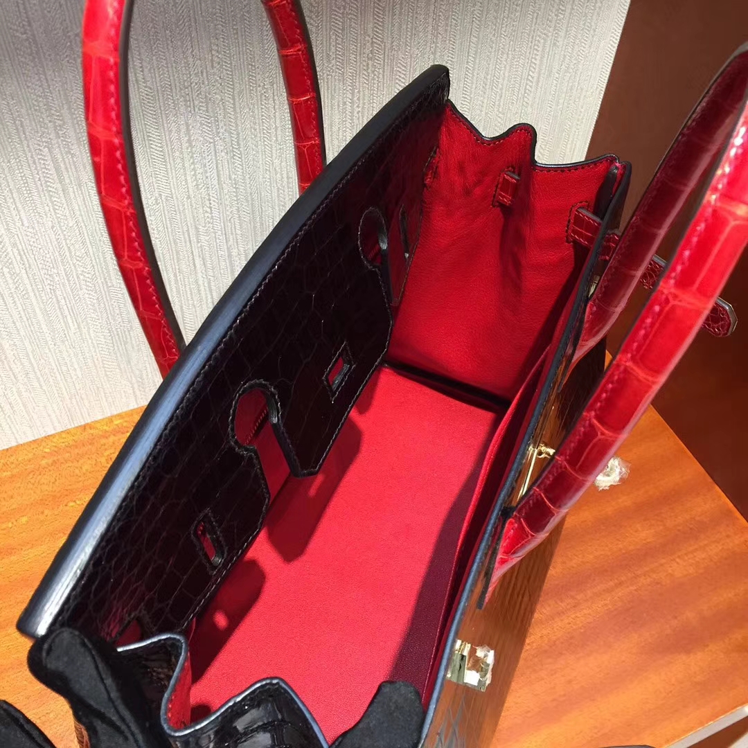 香港國際機場專賣店Hermes Birkin 25 Bag 兩點鱷魚皮CK89黑色/CK95法拉利紅