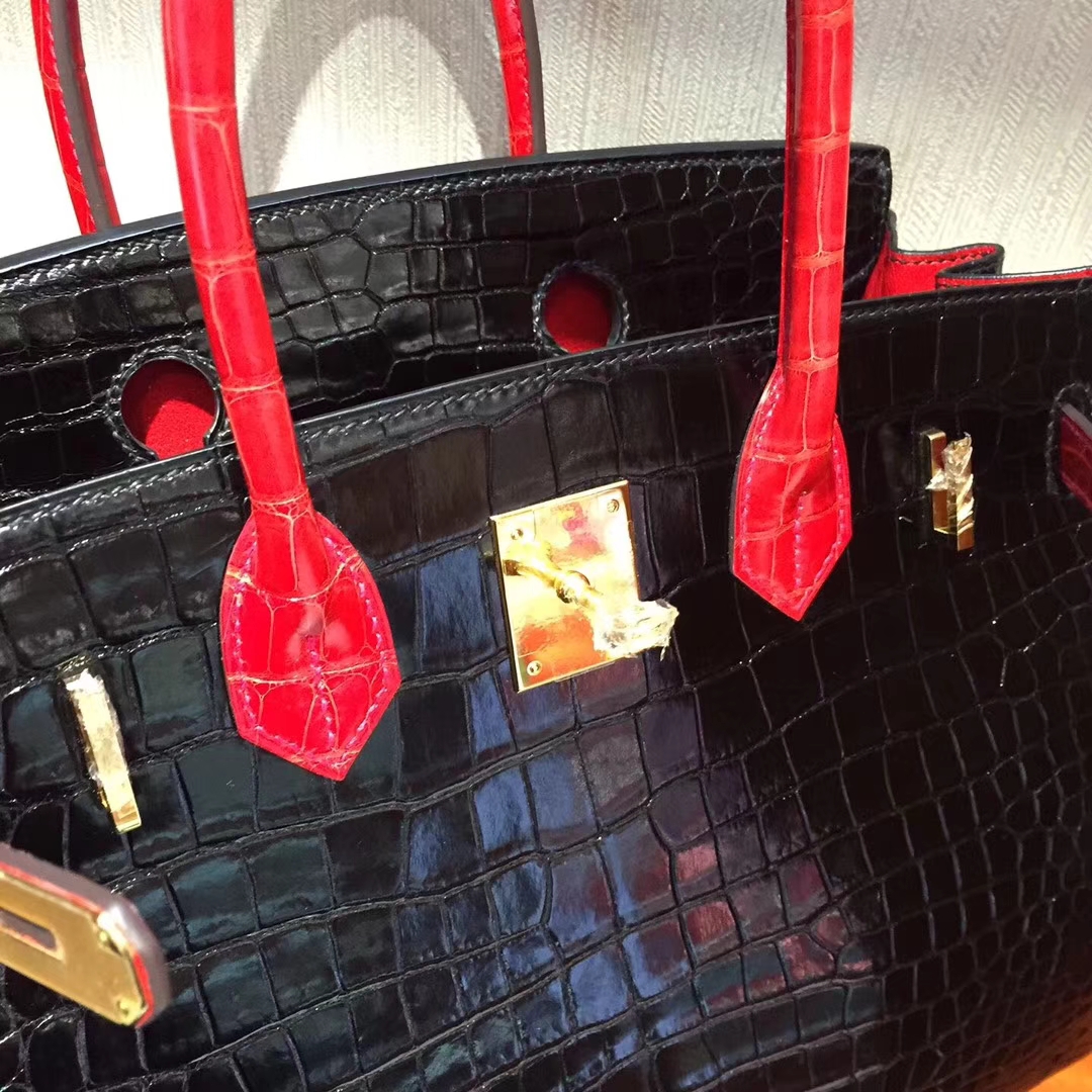 香港國際機場專賣店Hermes Birkin 25 Bag 兩點鱷魚皮CK89黑色/CK95法拉利紅