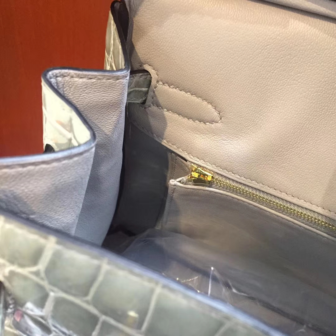 阿姆斯特丹史基浦機場專賣店Hermes Birkin 25 Bag亮面鱷魚皮 8U冰川藍