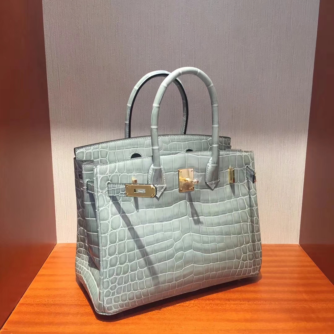 阿姆斯特丹史基浦機場專賣店Hermes Birkin 25 Bag亮面鱷魚皮 8U冰川藍