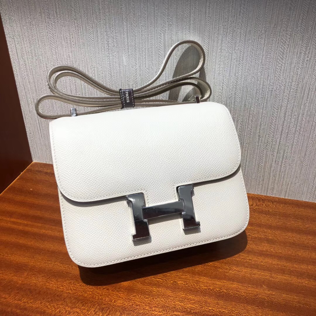 愛馬仕康康空姐包 Hermes Constance Bag CK10奶昔白 Epsom手掌紋 银扣