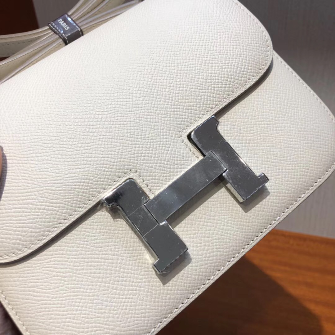 愛馬仕康康空姐包 Hermes Constance Bag CK10奶昔白 Epsom手掌紋 银扣