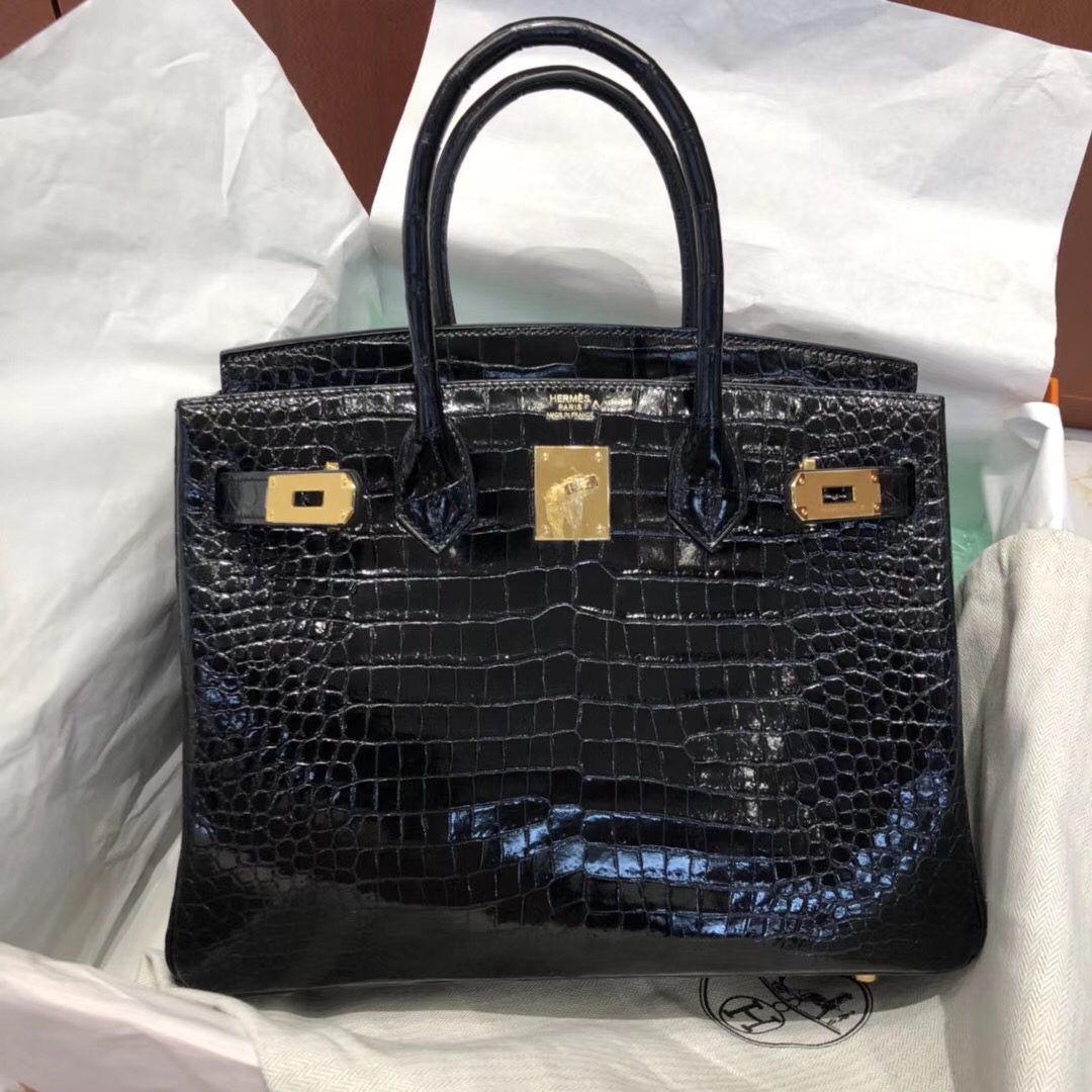 Hermes Birkin Bag 30cm CK89黑色 亮面倒V 澳洲灣鱷 金扣 完美紋路