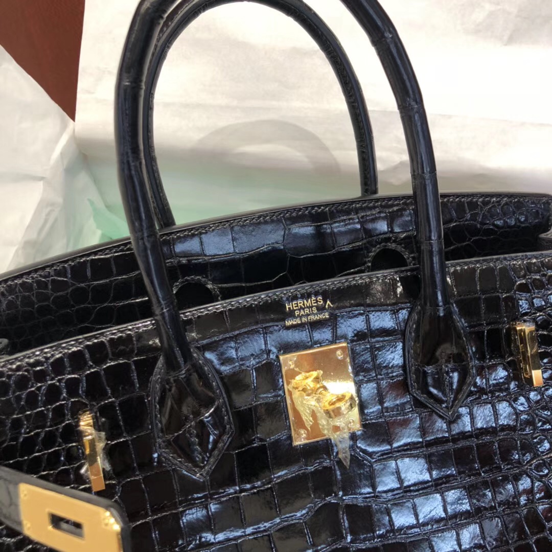 Hermes Birkin Bag 30cm CK89黑色 亮面倒V 澳洲灣鱷 金扣 完美紋路