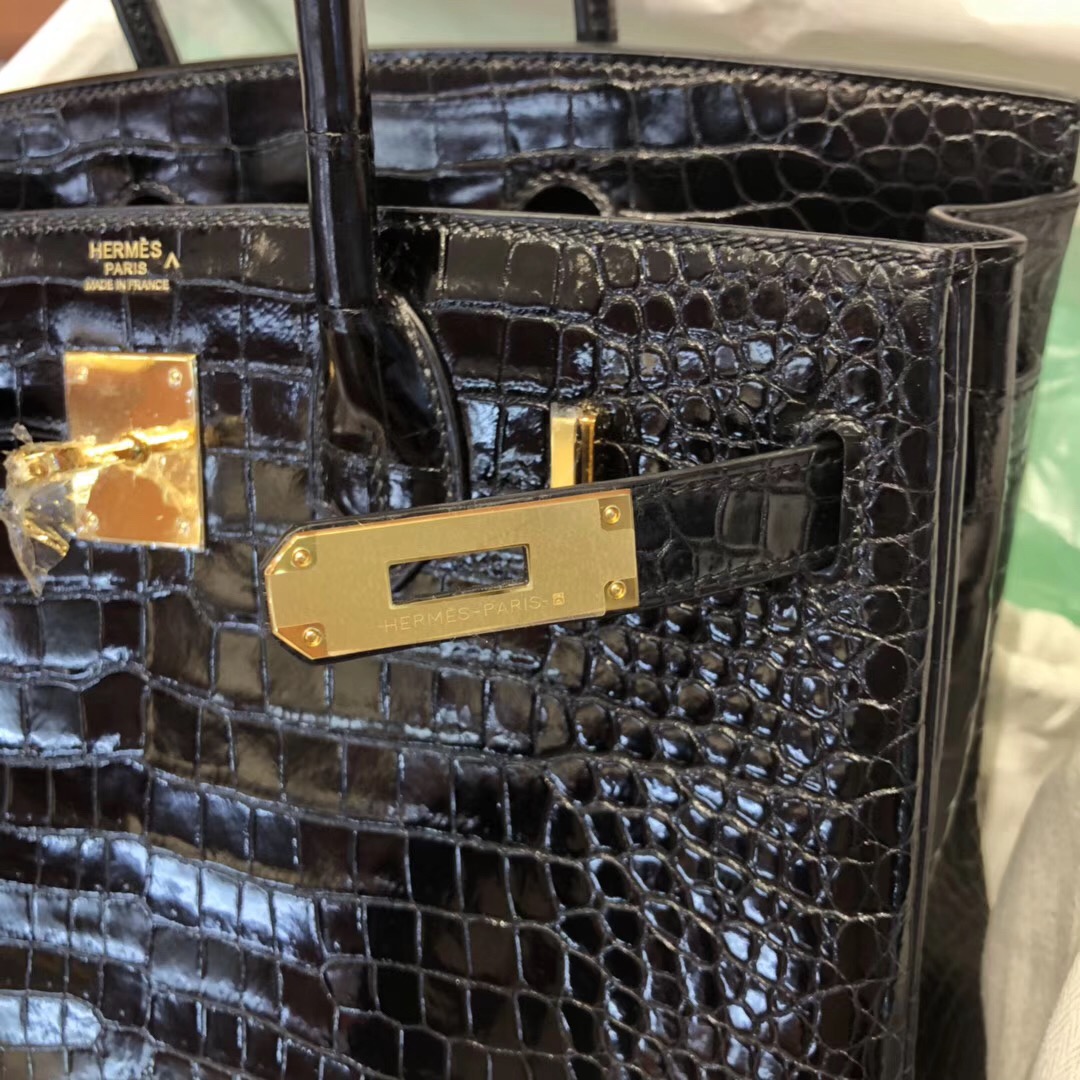 Hermes Birkin Bag 30cm CK89黑色 亮面倒V 澳洲灣鱷 金扣 完美紋路