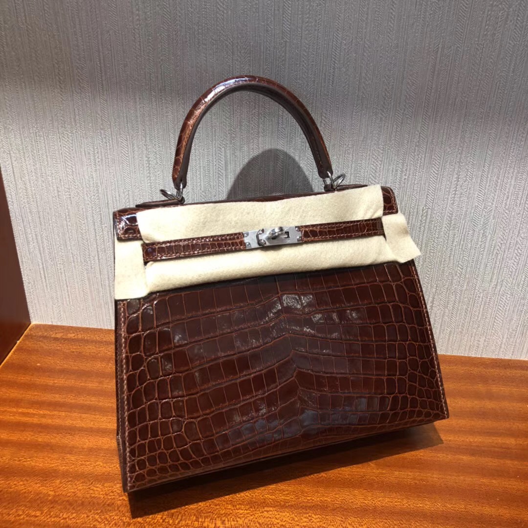 Hermes Kelly bag 25cm cc31蜜糖棕 亮面兩點 尼羅鱷魚銀扣