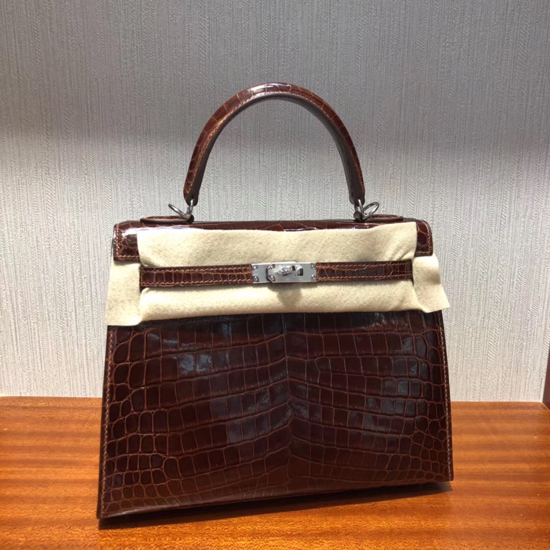 Hermes Kelly bag 25cm cc31蜜糖棕 亮面兩點 尼羅鱷魚銀扣