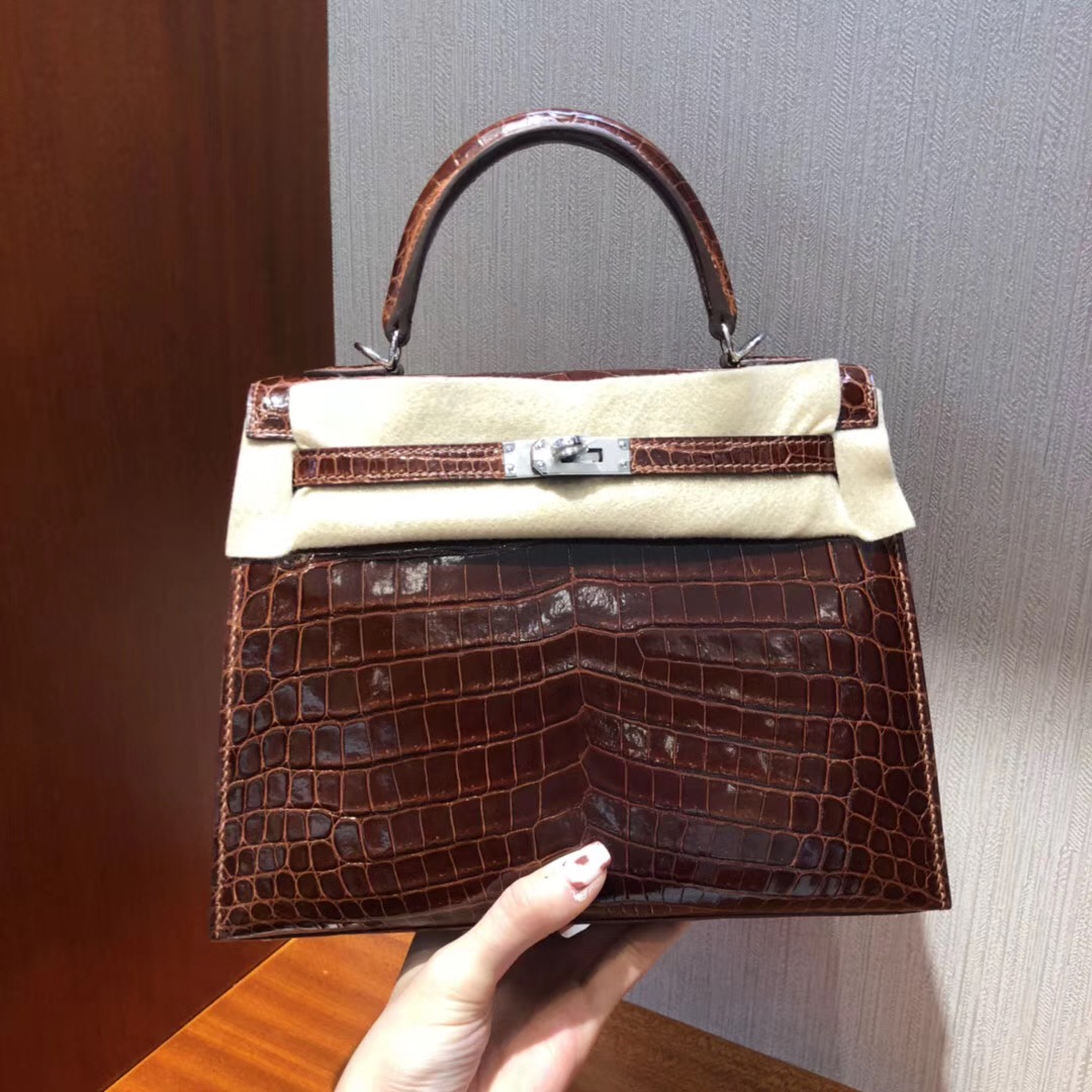 Hermes Kelly bag 25cm cc31蜜糖棕 亮面兩點 尼羅鱷魚銀扣