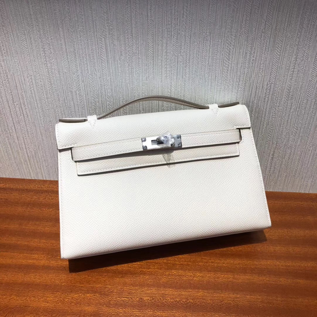 Hermes Mini Kelly 22cm pochette Epsom CK10奶昔白 Craie 全手工蠟線縫 銀扣