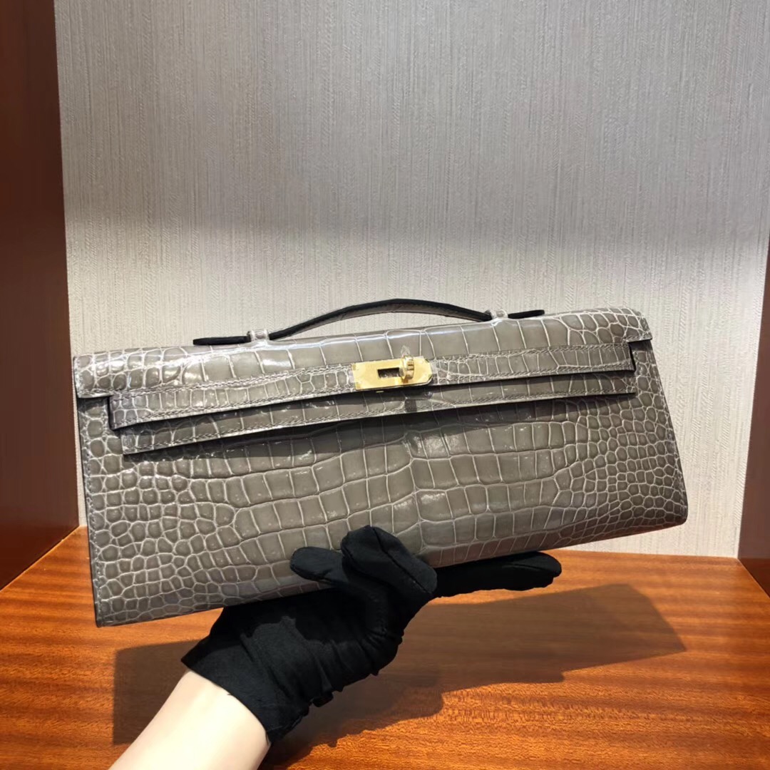 Hermes Kelly cut 31cm亮面倒V 澳洲灣鱷 CK81斑鳩灰 Gris Tourterelle金扣