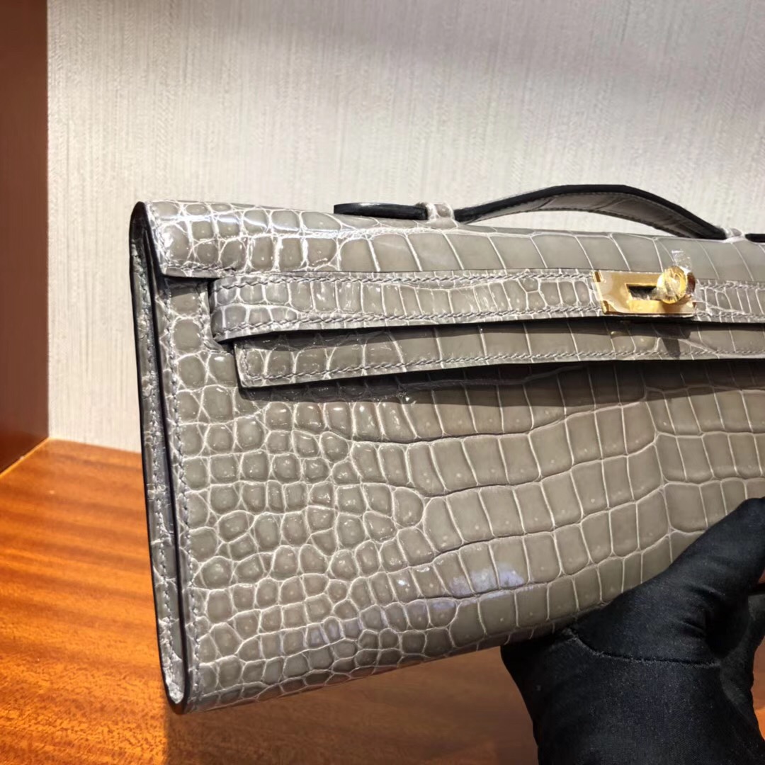 Hermes Kelly cut 31cm亮面倒V 澳洲灣鱷 CK81斑鳩灰 Gris Tourterelle金扣