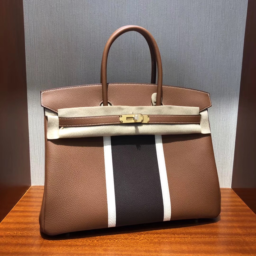 愛馬仕包包官網 Hermes Birkin 35cm Togo CK37金棕色拼CK47巧克力拼純白色椅子金扣