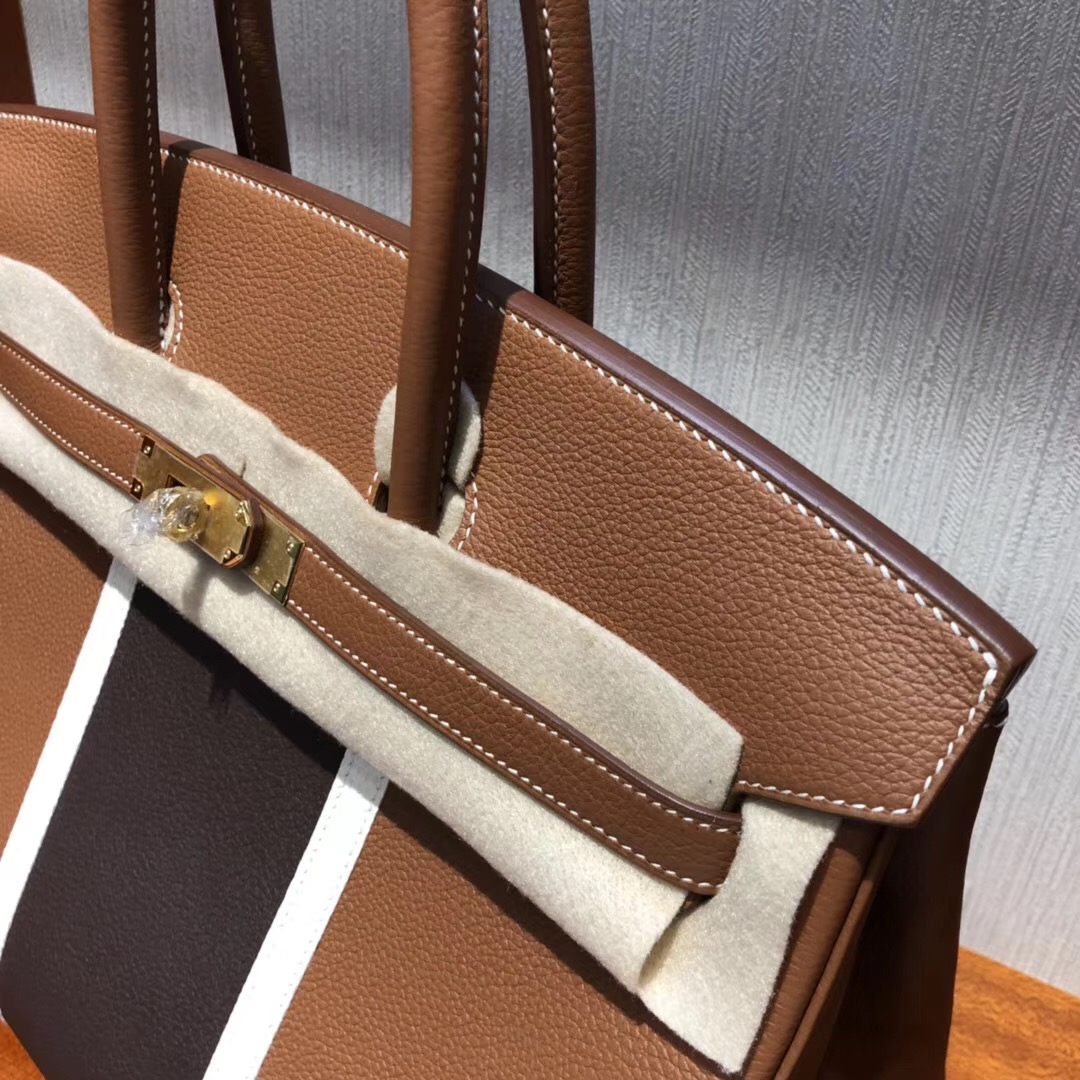 愛馬仕包包官網 Hermes Birkin 35cm Togo CK37金棕色拼CK47巧克力拼純白色椅子金扣