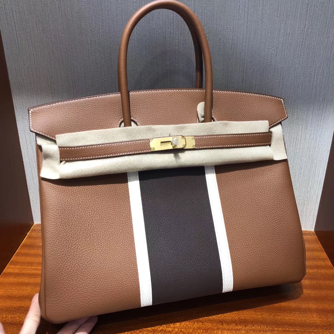 愛馬仕包包官網 Hermes Birkin 35cm Togo CK37金棕色拼CK47巧克力拼純白色椅子金扣