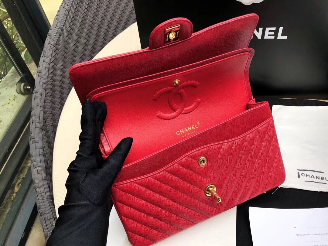 香奈兒V型口蓋包 Classic Flap Bag 红色小牛皮 金色金屬