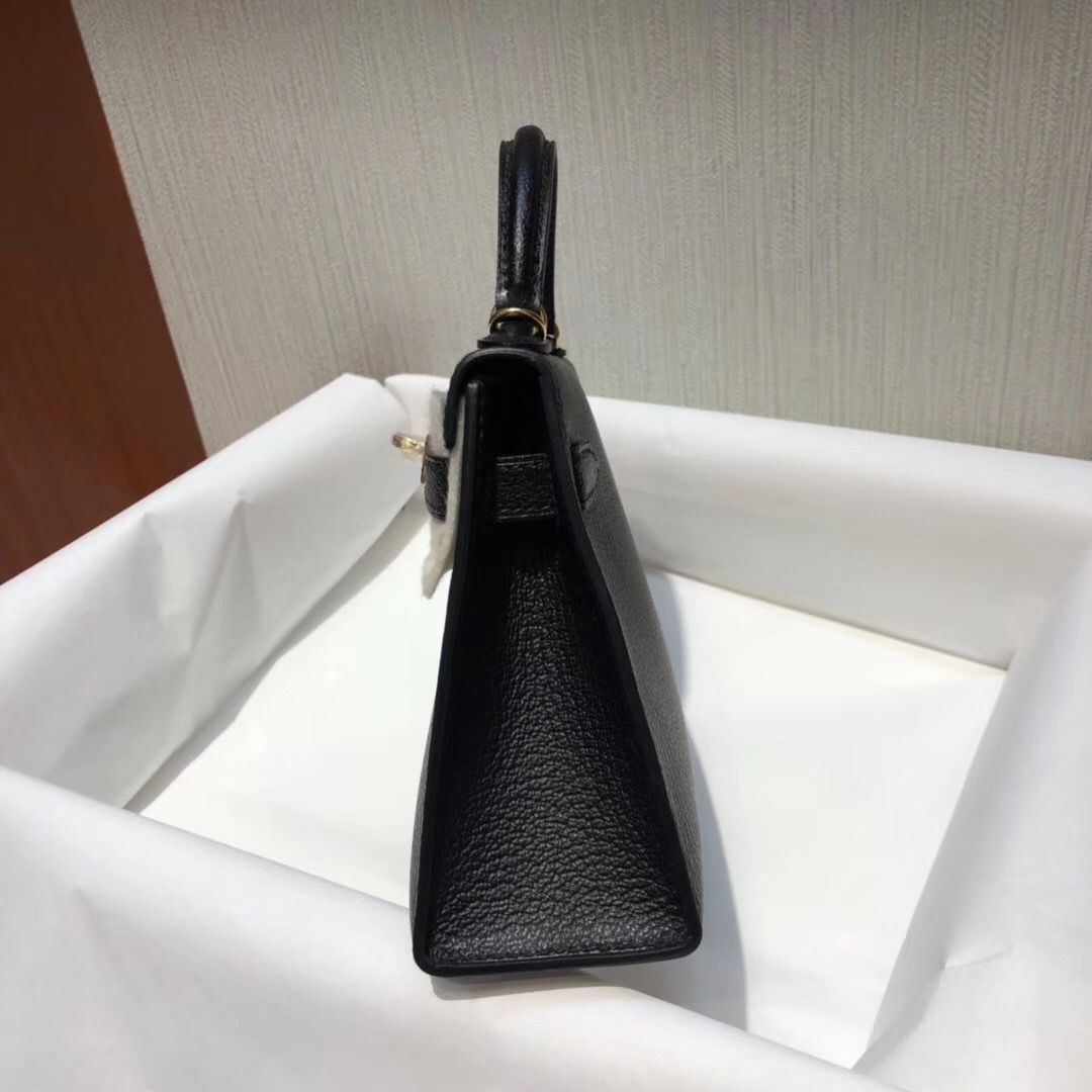 愛馬仕二代凱莉包 Hermes MiniKelly 2代 山羊皮Chevre CK89黑色 金扣