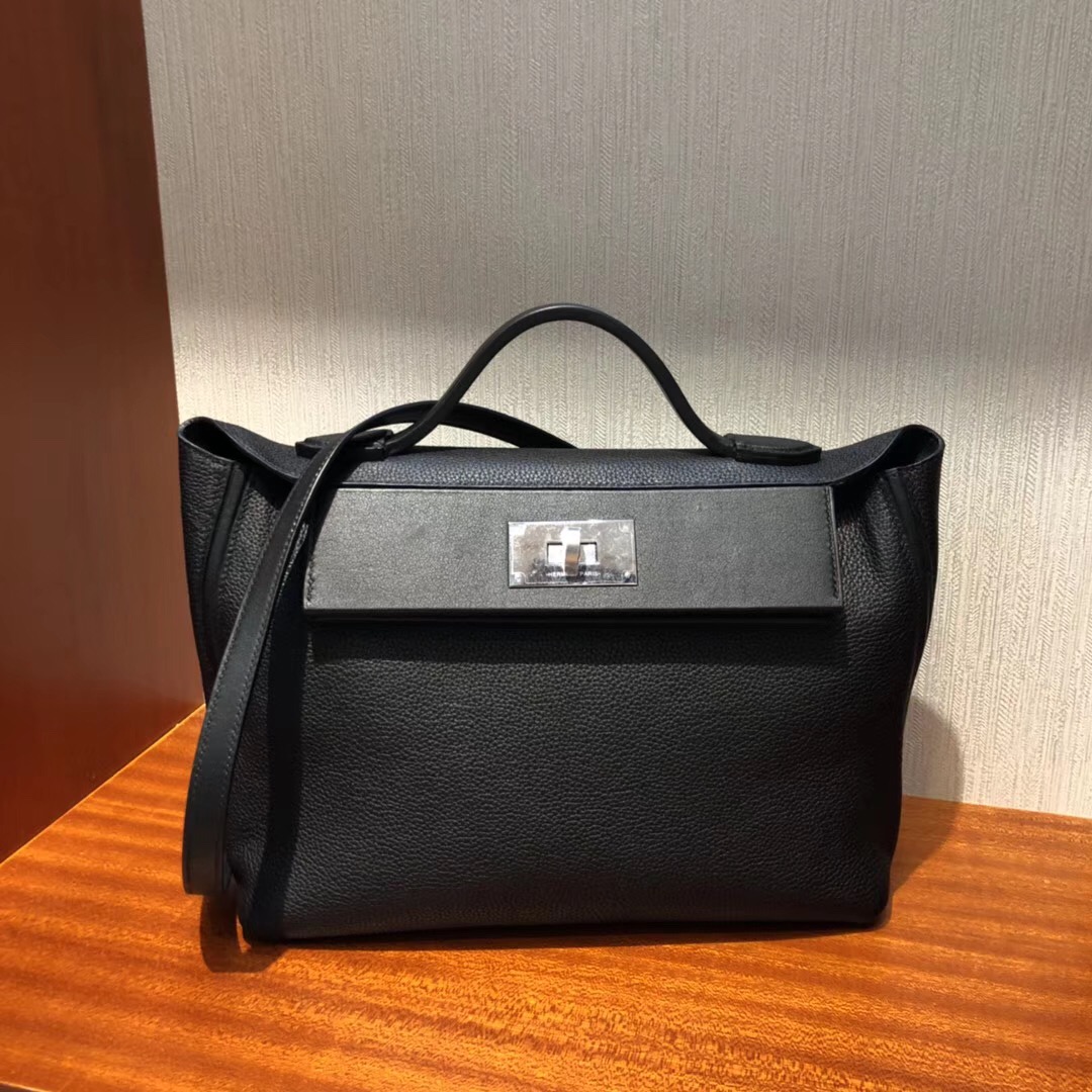 Hermes Kelly 24/24 bag 29cm PHW CK89 noir Taurillon Maurice/Swift calfskin