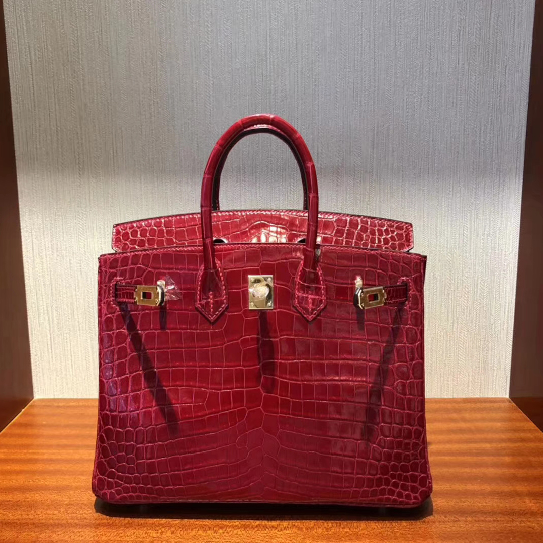 hermes birkin鱷魚皮手袋Hermes Birkin 25 Bag亮面两点鳄鱼皮Q5国旗红