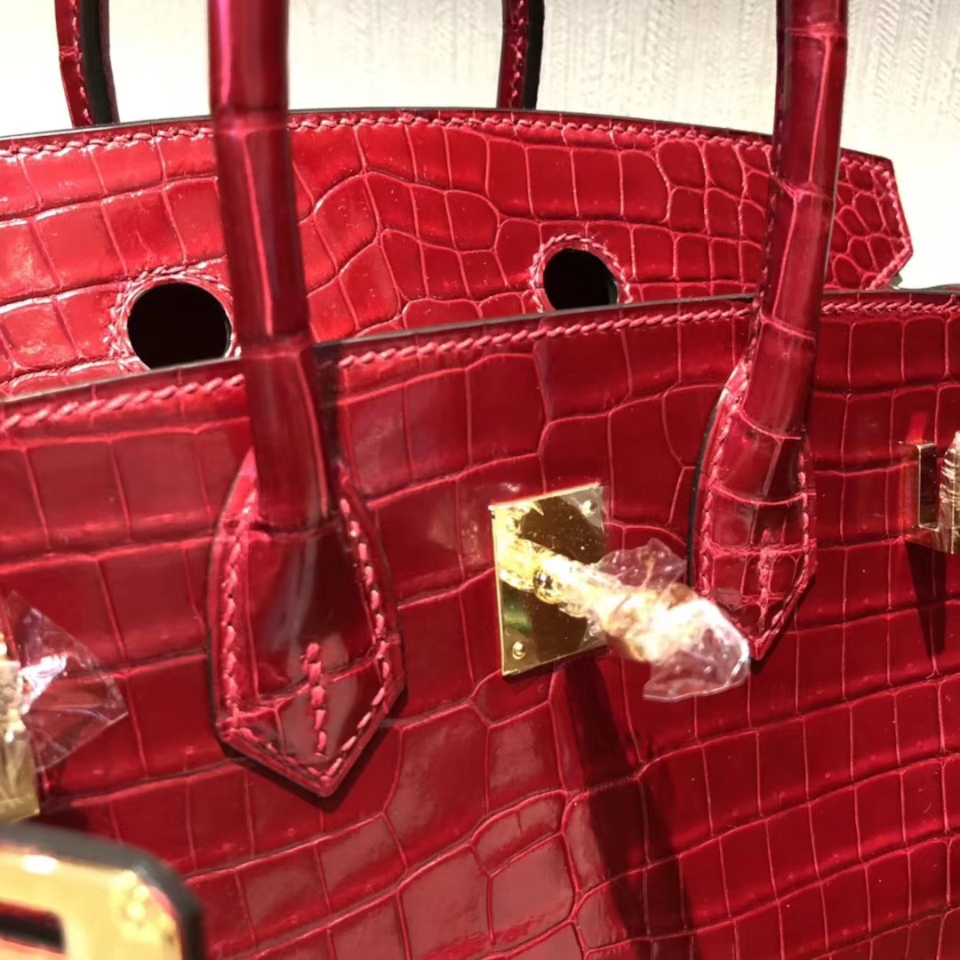 hermes birkin鱷魚皮手袋Hermes Birkin 25 Bag亮面两点鳄鱼皮Q5国旗红