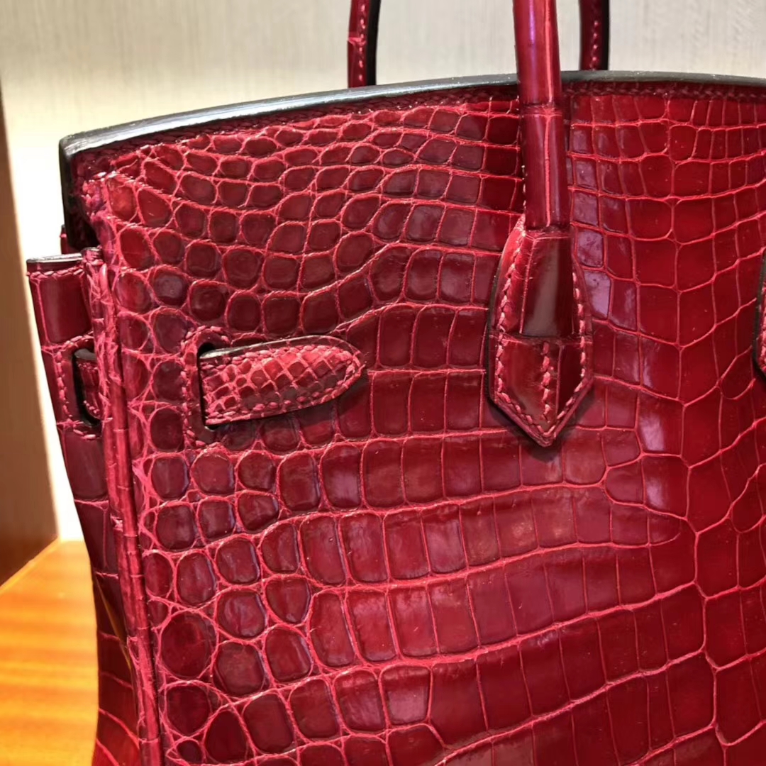 hermes birkin鱷魚皮手袋Hermes Birkin 25 Bag亮面两点鳄鱼皮Q5国旗红