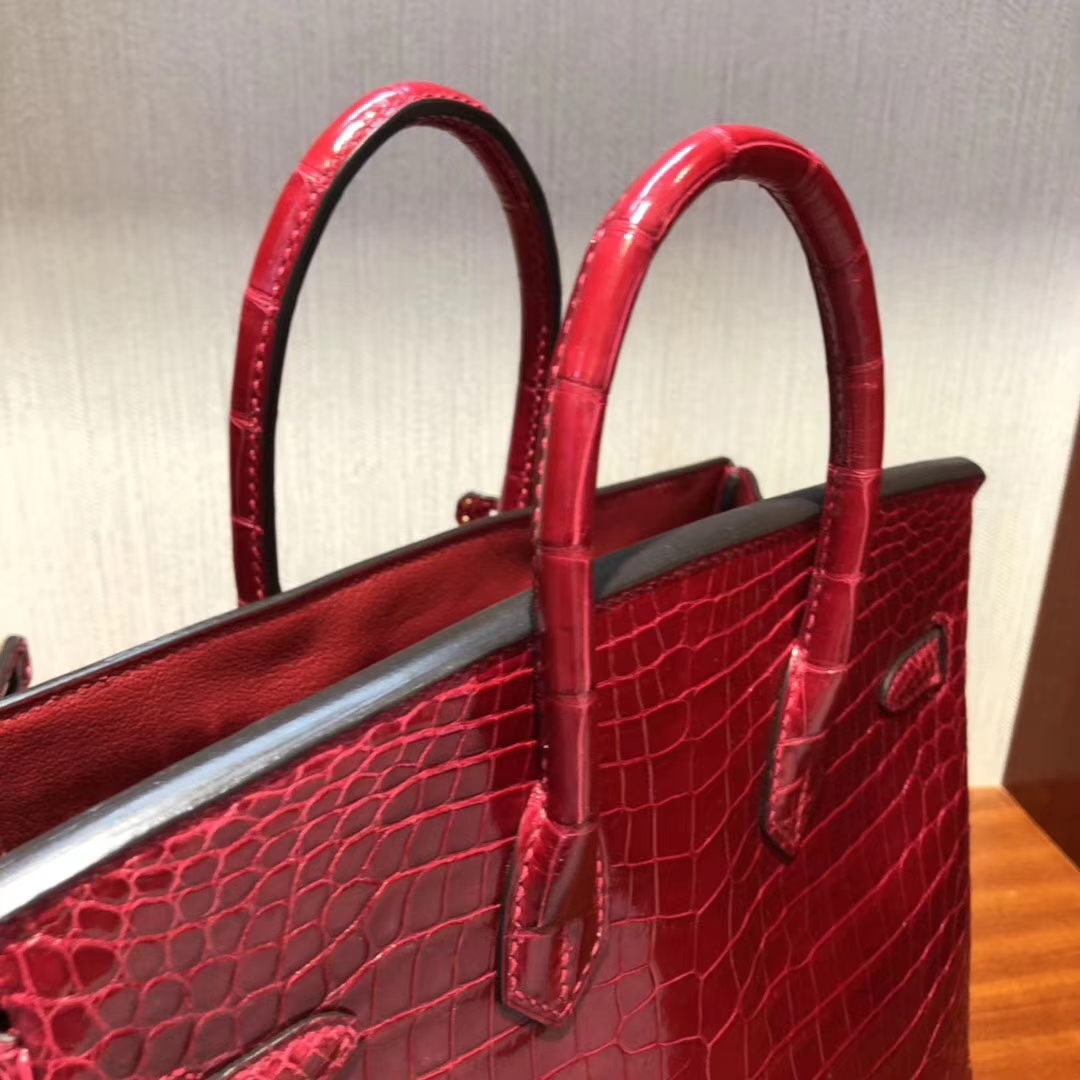 hermes birkin鱷魚皮手袋Hermes Birkin 25 Bag亮面两点鳄鱼皮Q5国旗红