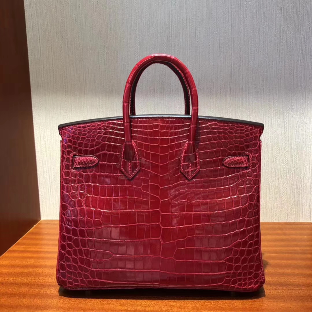 hermes birkin鱷魚皮手袋Hermes Birkin 25 Bag亮面两点鳄鱼皮Q5国旗红