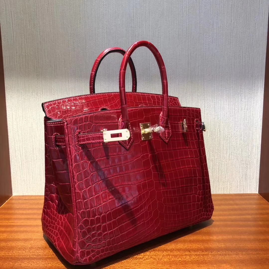 hermes birkin鱷魚皮手袋Hermes Birkin 25 Bag亮面两点鳄鱼皮Q5国旗红