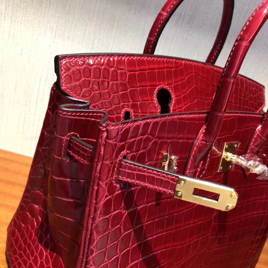 hermes birkin鱷魚皮手袋Hermes Birkin 25 Bag亮面两点鳄鱼皮Q5国旗红