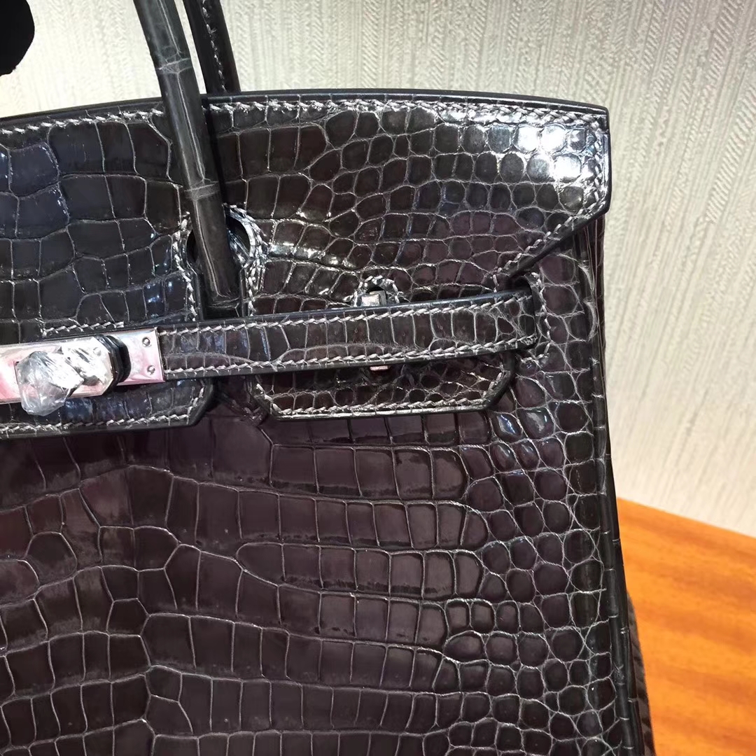 溫哥華巴拉德大街專賣店Hermes Birkin 25 Bag亮面兩點鱷魚皮 CK88石墨灰銀扣