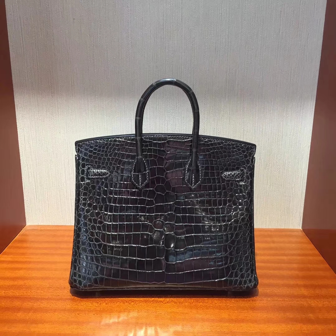 溫哥華巴拉德大街專賣店Hermes Birkin 25 Bag亮面兩點鱷魚皮 CK88石墨灰銀扣