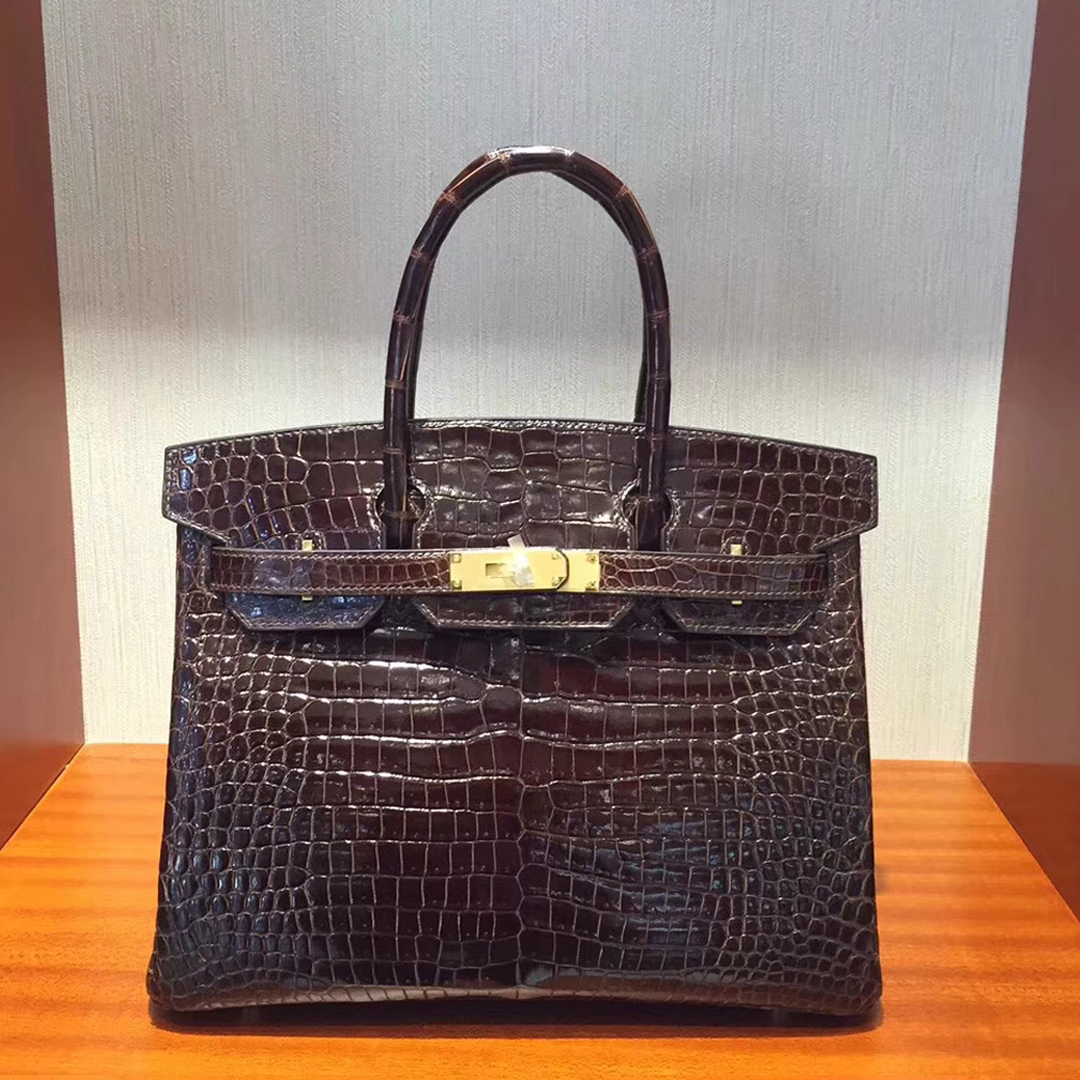 愛馬仕鱷魚皮柏金包Hermes Birkin 30 Bag亮面两点鳄鱼皮 深咖啡色