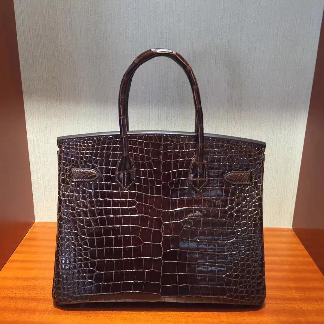 愛馬仕鱷魚皮柏金包Hermes Birkin 30 Bag亮面两点鳄鱼皮 深咖啡色