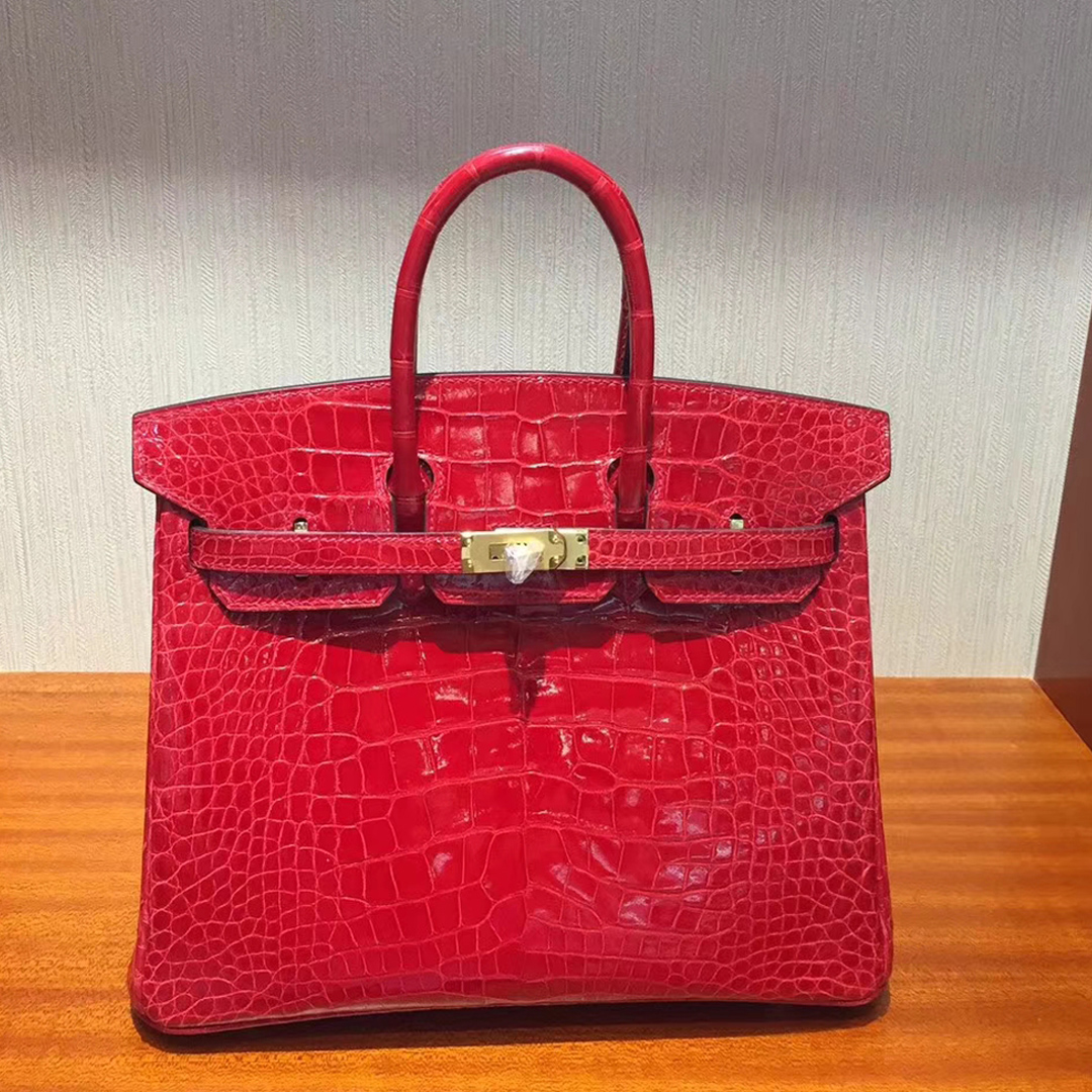 愛馬仕鉑金包鱷魚皮Hermes Birkin 25 Bag亮面兩點鱷魚皮CK95法拉利紅