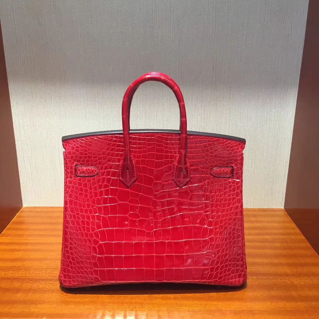 愛馬仕鉑金包鱷魚皮Hermes Birkin 25 Bag亮面兩點鱷魚皮CK95法拉利紅