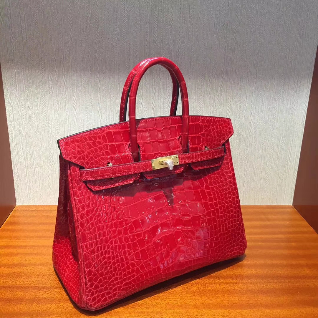 愛馬仕鉑金包鱷魚皮Hermes Birkin 25 Bag亮面兩點鱷魚皮CK95法拉利紅