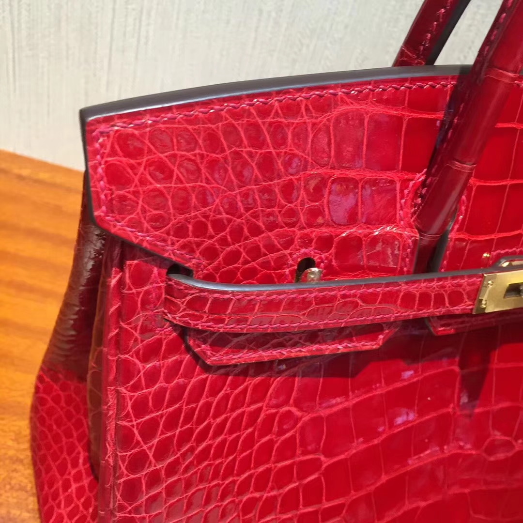 愛馬仕鉑金包鱷魚皮Hermes Birkin 25 Bag亮面兩點鱷魚皮CK95法拉利紅