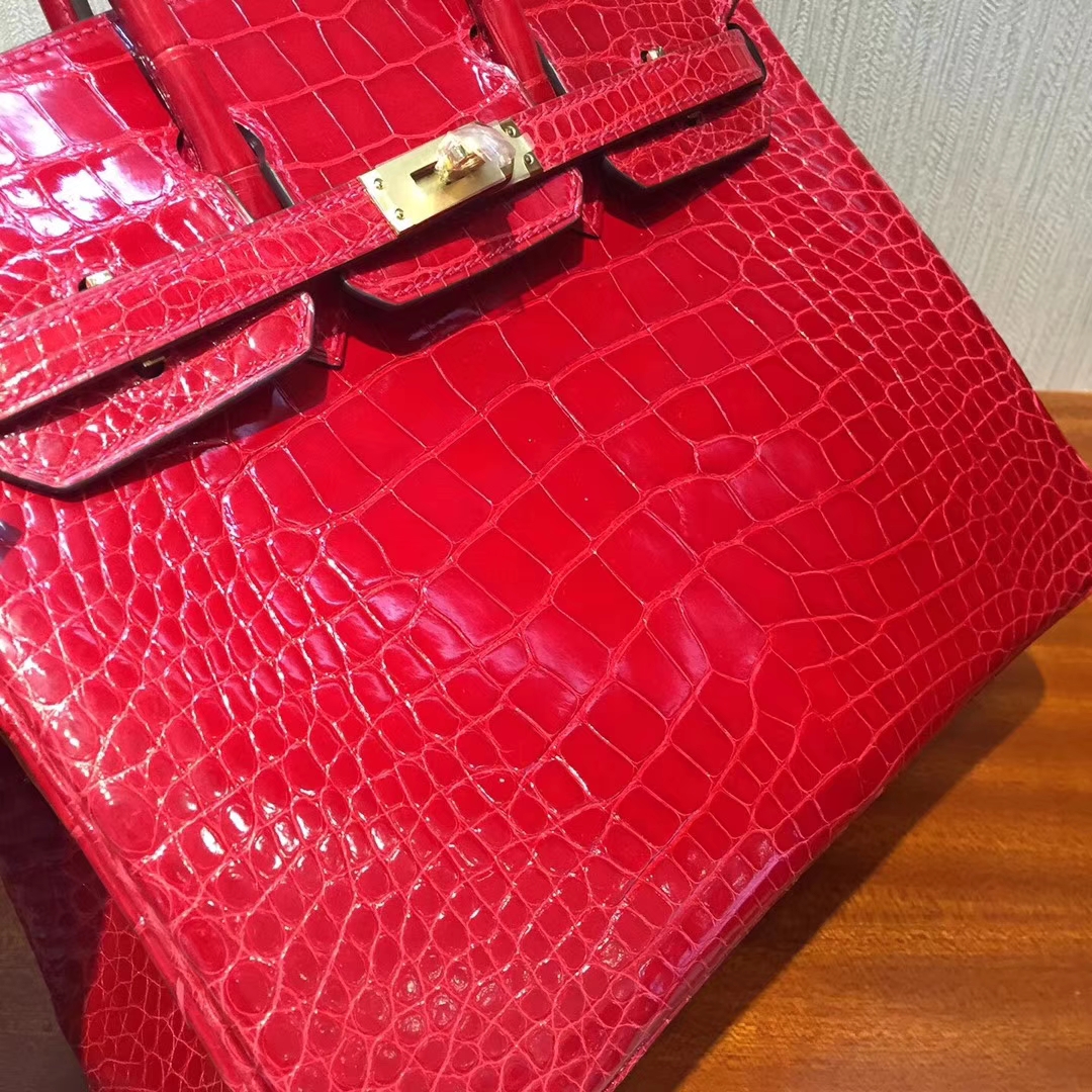 愛馬仕鉑金包鱷魚皮Hermes Birkin 25 Bag亮面兩點鱷魚皮CK95法拉利紅