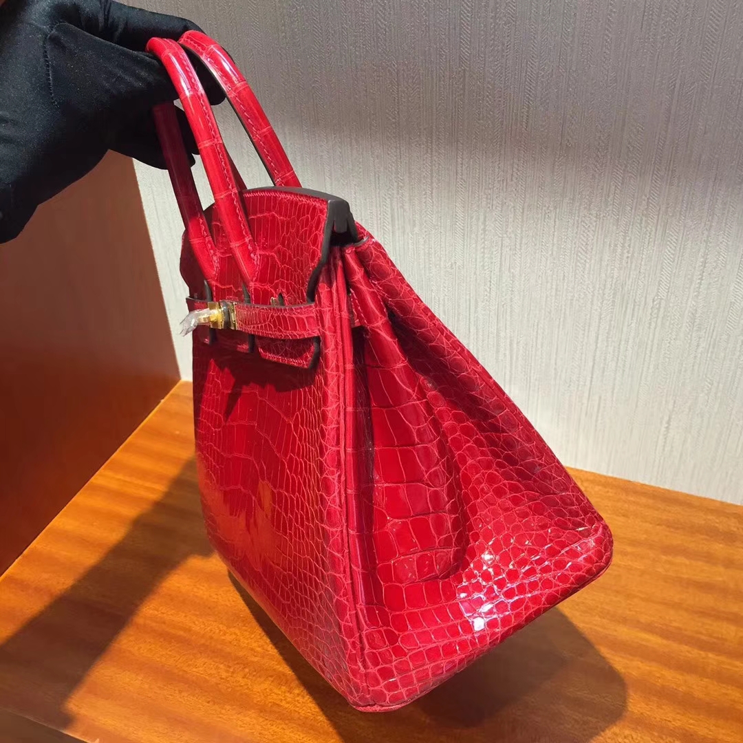 愛馬仕鉑金包鱷魚皮Hermes Birkin 25 Bag亮面兩點鱷魚皮CK95法拉利紅