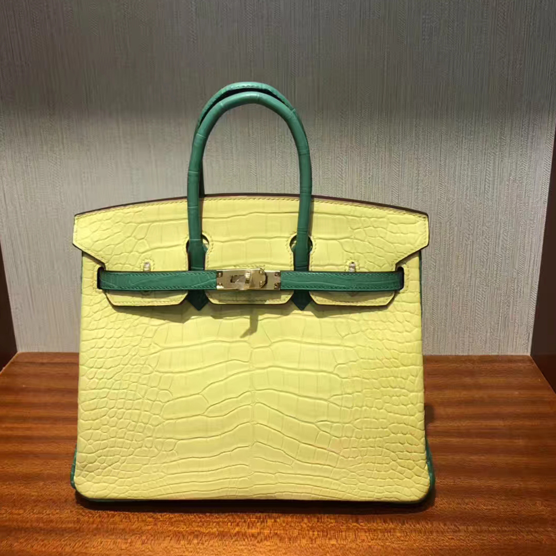 愛馬仕鱷魚皮Hermes Birkin 25 Bag霧面方塊鱷魚皮 C9鵝黃色拼色7F孔雀藍