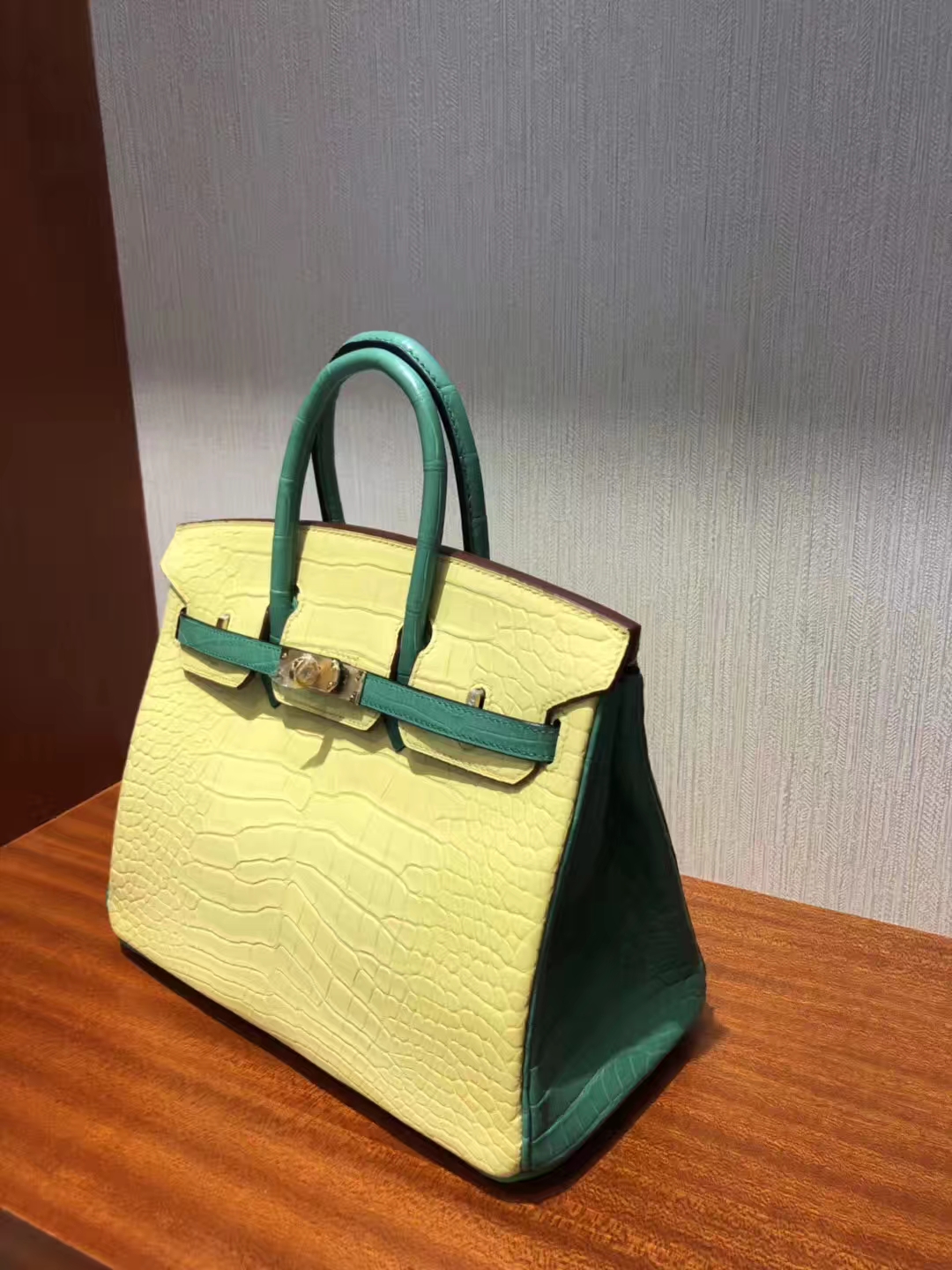 愛馬仕鱷魚皮Hermes Birkin 25 Bag霧面方塊鱷魚皮 C9鵝黃色拼色7F孔雀藍