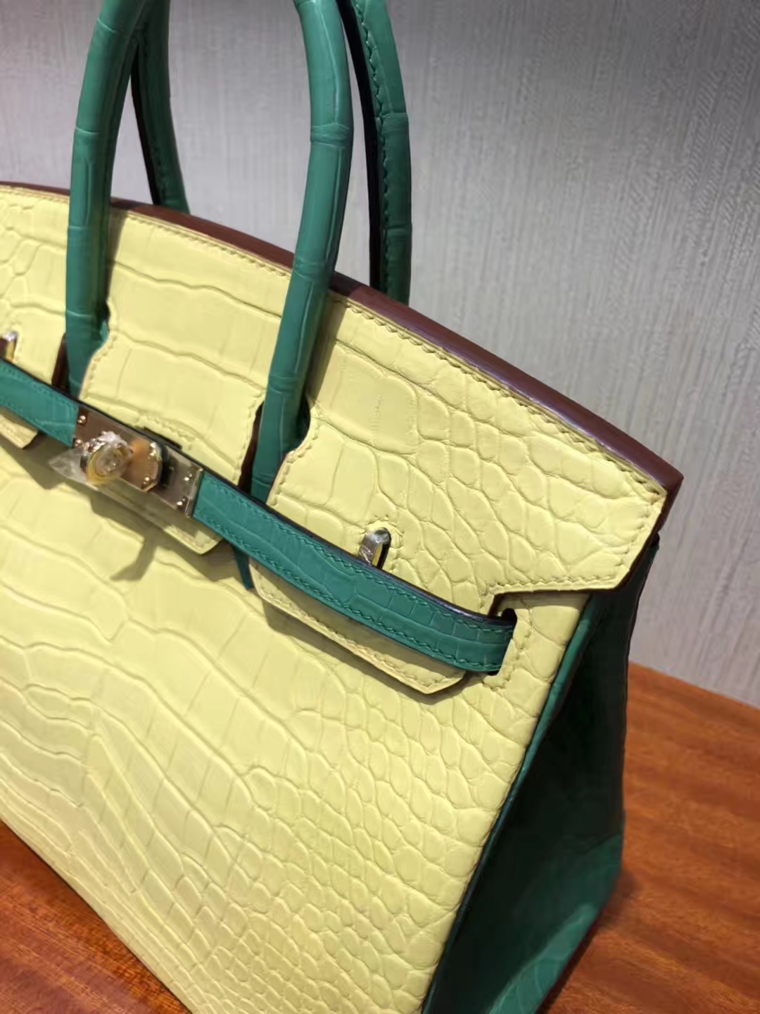 愛馬仕鱷魚皮Hermes Birkin 25 Bag霧面方塊鱷魚皮 C9鵝黃色拼色7F孔雀藍