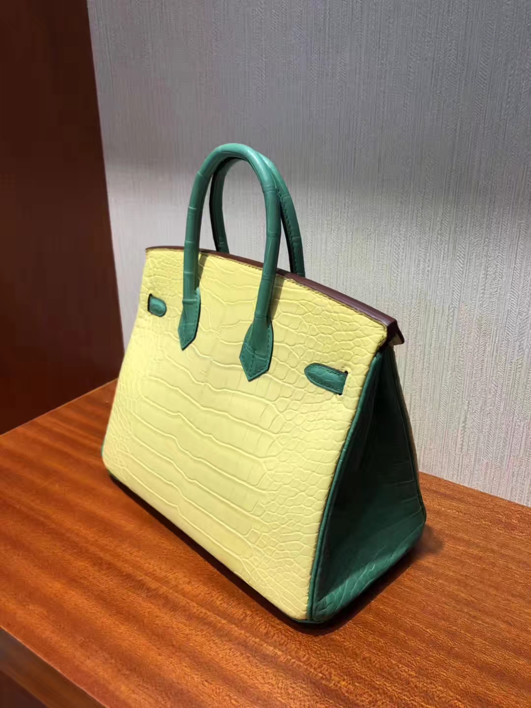 愛馬仕鱷魚皮Hermes Birkin 25 Bag霧面方塊鱷魚皮 C9鵝黃色拼色7F孔雀藍