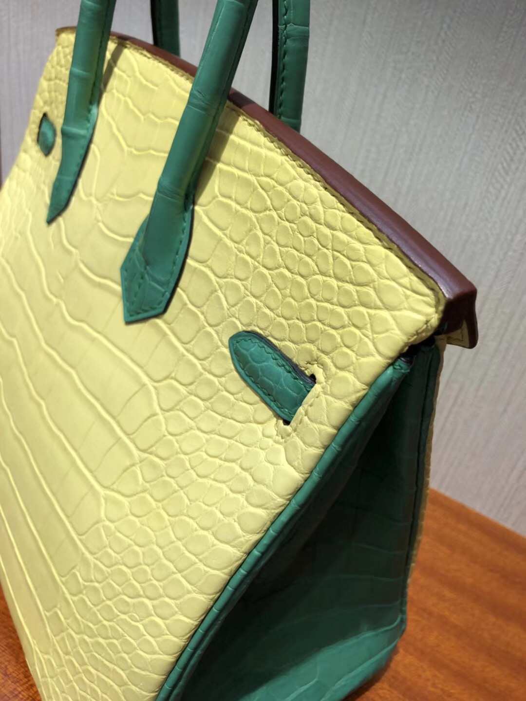 愛馬仕鱷魚皮Hermes Birkin 25 Bag霧面方塊鱷魚皮 C9鵝黃色拼色7F孔雀藍