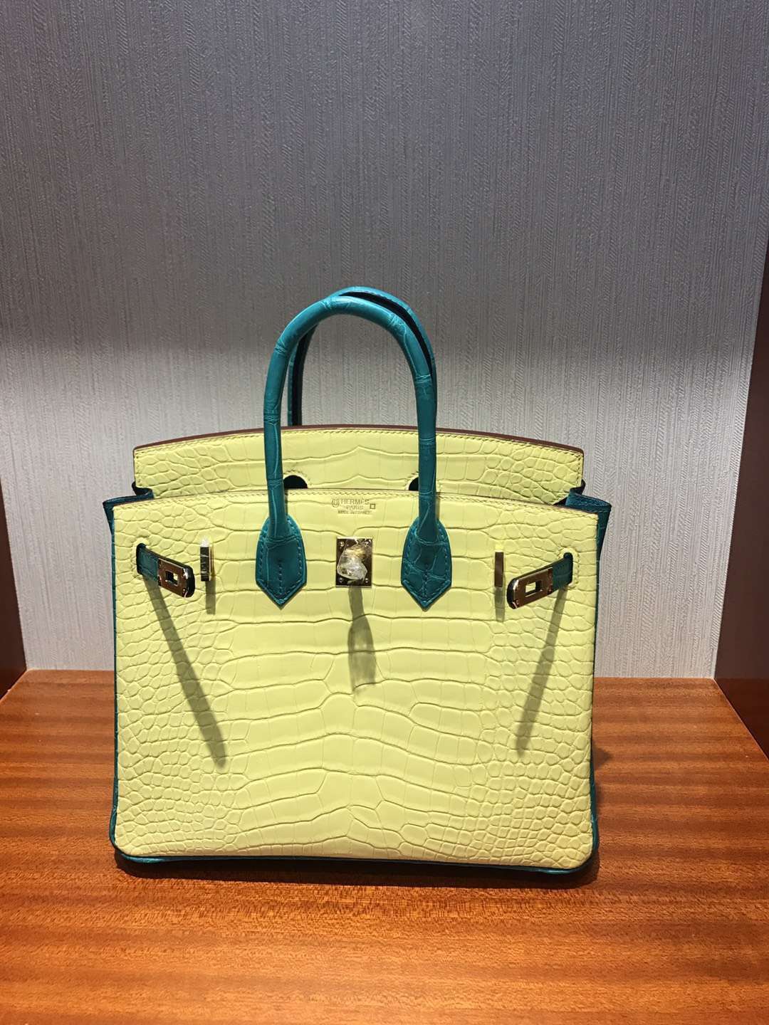 愛馬仕鱷魚皮Hermes Birkin 25 Bag霧面方塊鱷魚皮 C9鵝黃色拼色7F孔雀藍