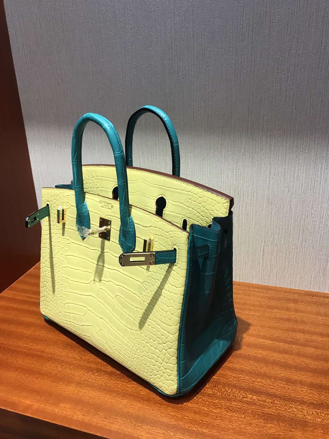 愛馬仕鱷魚皮Hermes Birkin 25 Bag霧面方塊鱷魚皮 C9鵝黃色拼色7F孔雀藍