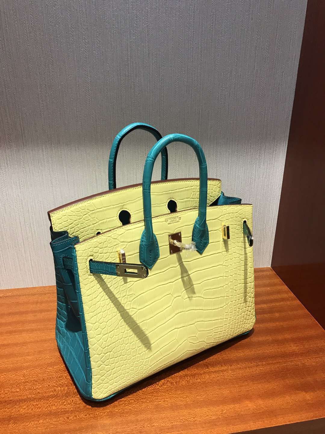 愛馬仕鱷魚皮Hermes Birkin 25 Bag霧面方塊鱷魚皮 C9鵝黃色拼色7F孔雀藍