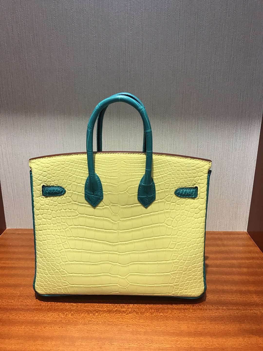 愛馬仕鱷魚皮Hermes Birkin 25 Bag霧面方塊鱷魚皮 C9鵝黃色拼色7F孔雀藍